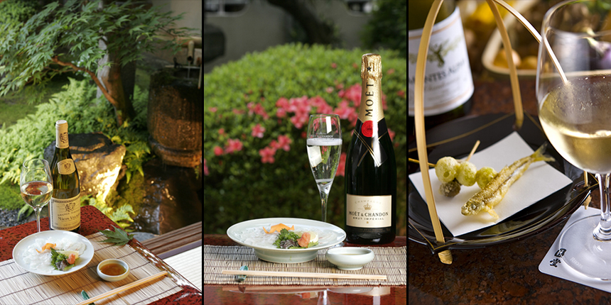 圓堂専属ソムリエによる天ぷらに合うワインやシャンパンも各種取り揃え…